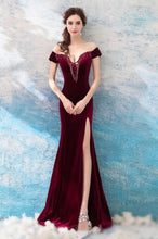 Load image into Gallery viewer, Burgundy 2019 Prom Dresses Mermaid Off the Shoulder Velvet Party Maxys Long Prom Gown Evening Dresses Robe De Soiree Side Slit