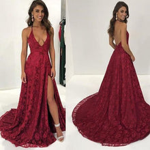 Load image into Gallery viewer, Burgundy Long Prom Dresses 2020 Spaghetti Straps Halter Illusion Split Women Guest Party Dress Backless Lace Formal Evening Gown